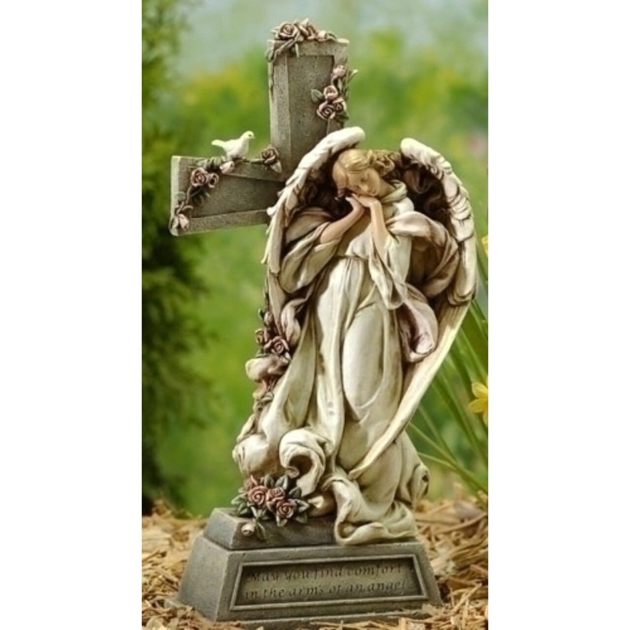 Roman Set of 2 Memorial Angel with Cross Outdoor Garden Statues 14.75"